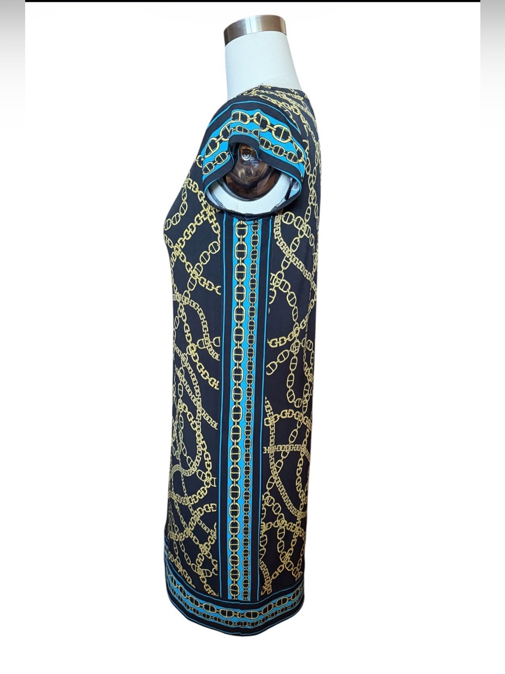 Michael Kors Black & Gold Chain-Print Cap-Sleeve Mini Dress with Teal Trim - Picture 8 of 8